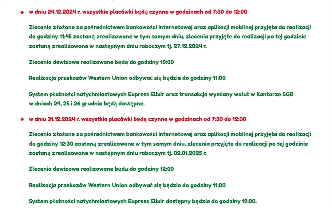 Godziny otwarcia Święta 2024